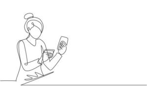 Single one line drawing young man typing entering credit card code on smartphone. Online store, e-commerce, digital payment concept. Modern continuous line draw design graphic vector illustration