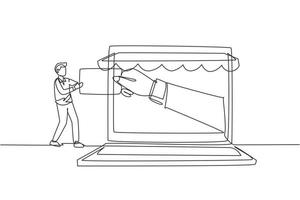 Single continuous line drawing young man inserting credit card into large canopy laptop screen and accepted by hand. Digital payment concept. Dynamic one line draw graphic design vector illustration