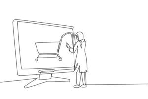 Dibujo de línea continua única joven árabe de compras a través de la pantalla del monitor con carrito de compras. comercio electrónico, concepto de estilo de vida digital. Ilustración de vector de diseño gráfico de dibujo de una línea dinámica