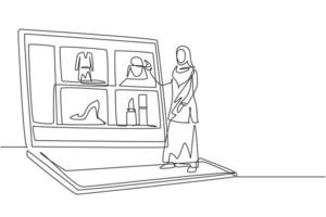 Single continuous line drawing young Arabian woman choosing shopping items on a giant laptop screen. Digital lifestyle with gadgets concept. Dynamic one line draw graphic design vector illustration