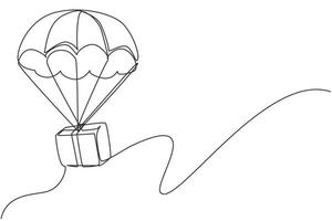 Single continuous line drawing box package flies through the sky using parachute. Online delivery service. Fast delivery parcel concept. Dynamic one line draw graphic design vector illustration