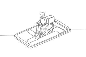 Single one line drawing courier deliver packages using scooter and ride on smartphone screen. E-commerce. Fast delivery parcel concept. Modern continuous line draw design graphic vector illustration
