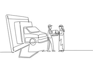 Single continuous line drawing delivery box car comes out partly from monitor screen and male courier gives package box to Arab male customer. Dynamic one line draw graphic design vector illustration