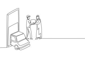 Single one line drawing delivery box car comes out partly from smartphone screen and courier gives package box to Arabian male customer. Modern continuous line draw design graphic vector illustration