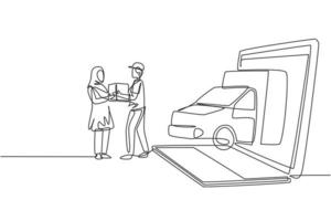 Single continuous line drawing delivery box car comes out partly from laptop screen and courier gives package box to hijab female customer. Dynamic one line draw graphic design vector illustration
