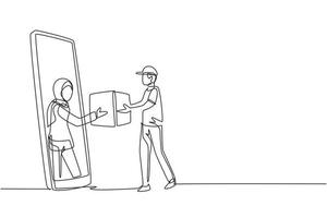 Single continuous line drawing Arabian female customer receives boxed package, through smartphone screen from courier. Online delivery service. Dynamic one line draw graphic design vector illustration