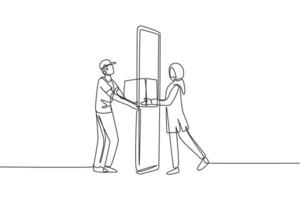 Continuous one line drawing male courier delivers box package, through smartphone screen to hijab female customer. Online delivery service concept. Single line draw design vector graphic illustration