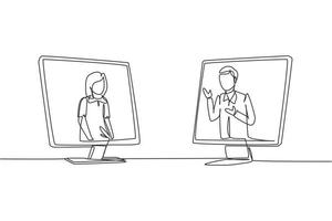 Continuous one line drawing two monitors are standing in front of each other, one side contains female junior high school student studying and the other contains male teacher teaching. Draw design vector