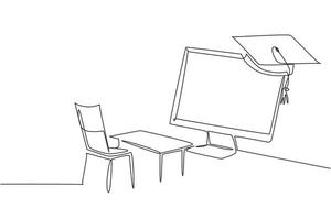 Single one line drawing empty study chairs and desks facing giant monitor screen in which there is blackboard and graduation cap on top. Modern continuous line draw design graphic vector illustration