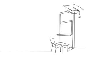 Single continuous line drawing empty study chairs and desks facing smartphone screen in which there is blackboard and graduation cap on top. Dynamic one line draw graphic design vector illustration