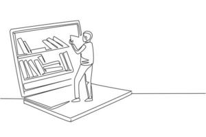 Single continuous line drawing male student reading book while standing in front of large laptop with bookshelf on screen. Mobile education. Dynamic one line draw graphic design vector illustration