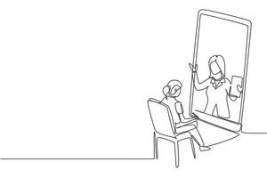 Continuous one line drawing female student sitting studying staring at smartphone screen and inside laptop there is female lecturer who is teaching. Single line draw design vector graphic illustration