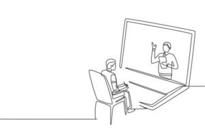 Single one line drawing male student sitting studying staring at giant laptop screen and inside laptop there is male lecturer who is teaching. Continuous line draw design graphic vector illustration