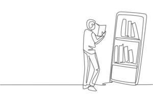 Single one line drawing male student reading book while standing in front of large smartphone with bookshelf on screen. Mobile education. Modern continuous line draw design graphic vector illustration