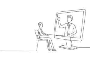 Single continuous line drawing male student sitting studying staring at giant monitor screen and inside laptop there is male lecturer who is teaching. One line draw graphic design vector illustration