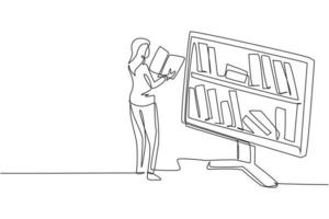 Continuous one line drawing female student reading book while standing in front of large monitor with bookshelf on screen. Mobile education concept. Single line draw design vector graphic illustration