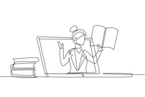 Continuous one line drawing female teacher is teaching, half of her body is out of laptop screen and beside her is pile of books. internet class. Single line draw design vector graphic illustration