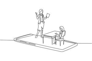 Single continuous line drawing female teacher teaching female junior high school student who sits on bench around desk and studies on smartphone. One line draw graphic design vector illustration