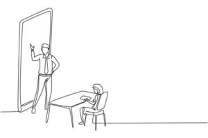 Single one line drawing male teacher standing in front of smartphone and teaching female junior high school students sitting on benches around desk. Continuous line draw design vector illustration