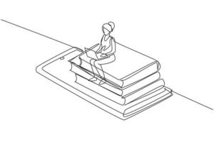 Continuous one line drawing female college student sitting on pile of books while typing on laptop on smartphone. Learning online education concept. Single line draw design vector graphic illustration