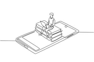 Single continuous line drawing male college student sitting on pile of books while typing on laptop on smartphone. Online education concept. Dynamic one line draw graphic design vector illustration