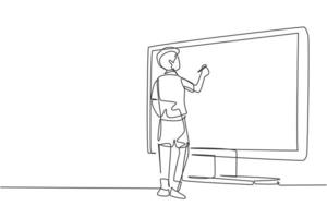 Single continuous line drawing male junior high school student writing on giant monitor screen like he was writing on whiteboard. Learning concept. One line draw graphic design vector illustration