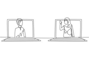 Continuous one line drawing two laptops are standing in front of each other, one side contains Arab male student studying and the other contains hijab female teacher teaching. Single line draw design vector