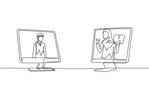 Single continuous line drawing two monitors are standing in front of each other, one side contains Arab male student studying and the other contains hijab female teacher teaching. Dynamic one line vector