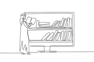 Continuous one line drawing Arab male college student reading book while standing in front of monitor with bookshelf on screen. Education concept. Single line draw design vector graphic illustration