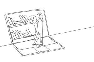 Single continuous line drawing young Arab male college student reading book while standing in front of laptop screen with bookshelf on screen. Dynamic one line draw graphic design vector illustration