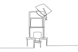 Single continuous line drawing empty study chairs and desks facing smartphone screen in which there is whiteboard and graduation cap on top. Dynamic one line draw graphic design vector illustration