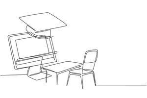 Continuous one line drawing empty study chairs and desks facing giant monitor screen in which there is whiteboard and graduation cap on top. Single line draw design vector graphic illustration