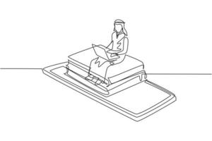 Single one line drawing Arabian male college student sitting on pile of books while typing on laptop on smartphone. Learning online education. Continuous line draw design graphic vector illustration