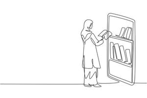 Continuous one line drawing young Arabian female college student reading book while standing in front of smartphone with bookshelf on screen. Single line draw design vector graphic illustration