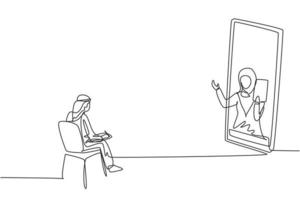 Dibujo de una línea continua estudiante árabe sentado estudiando mirando la pantalla del monitor y dentro de la computadora portátil hay una profesora hijab que está enseñando. ilustración gráfica de vector de diseño único