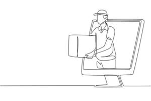 Single continuous line drawing courier delivers box package, through monitor screen. Online delivery service. Fast delivery parcel concept. Dynamic one line draw graphic design vector illustration