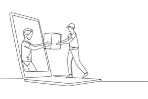 El cliente masculino de dibujo continuo de una línea recibe el paquete en caja, a través de la pantalla de la computadora portátil del mensajero masculino. tienda electrónica. concepto de servicio de entrega en línea. Ilustración gráfica de vector de diseño de dibujo de una sola línea