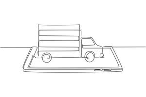 El carro de entrega de dibujo continuo de una línea entrega paquetes y viaja en la pantalla del teléfono inteligente. servicio de entrega online. concepto de paquete de entrega rápida. Ilustración gráfica de vector de diseño de dibujo de una sola línea