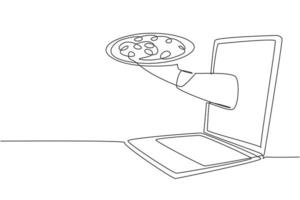 Continuous one line drawing Hands out of laptop screen with tray open to serve pizza. E-shop. Order food digitally. Online delivery service concept. Single line draw design vector graphic illustration