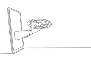 Single one line drawing Hands out of smartphone screen with tray open to serve pizza. Order food digitally. Online delivery service concept. Continuous line draw design graphic vector illustration