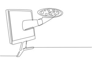 Single one line drawing Hands out of monitor screen with tray open to serve pizza. Order food digitally. Online delivery service concept. Modern continuous line draw design graphic vector illustration