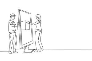 Single continuous line drawing male courier delivers box package, through monitor screen to female customer. Online delivery service concept. Dynamic one line draw graphic design vector illustration