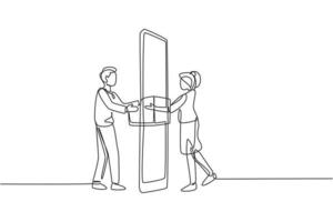 Single continuous line drawing courier delivers box package, through smartphone screen to female customer. Online delivery service concept. Dynamic one line draw graphic design vector illustration