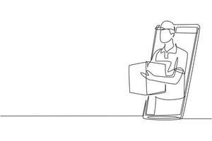 Continuous one line drawing male courier delivers box package, through smartphone screen. E-commerce. Online delivery service. Fast delivery parcel concept. Single line draw design vector illustration