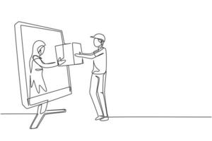 Single one line drawing of Arabian female customer receives boxed package, through monitor screen from courier. Online delivery service. Modern continuous line draw design graphic vector illustration