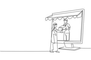 Single continuous line drawing courier comes out of giant monitor screen with canopy and gives package box to Arabic male customer. Online delivery. One line draw graphic design vector illustration