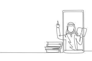 Single continuous line drawing Arabian male teacher is teaching, half of his body is out of smartphone screen and beside him is pile of books. Dynamic one line draw graphic design vector illustration