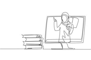Single continuous line drawing Arabian female teacher is teaching, half of her body is out of monitor screen and beside her is pile of books. Dynamic one line draw graphic design vector illustration