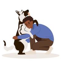 African American child boy hugs his shepherd dog. Playing with a pet by children. Flat vector illustration