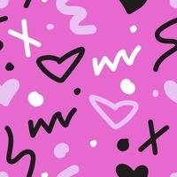 Seamless pattern with doodles and scribbles hearts, stars and dots. Flat vector background